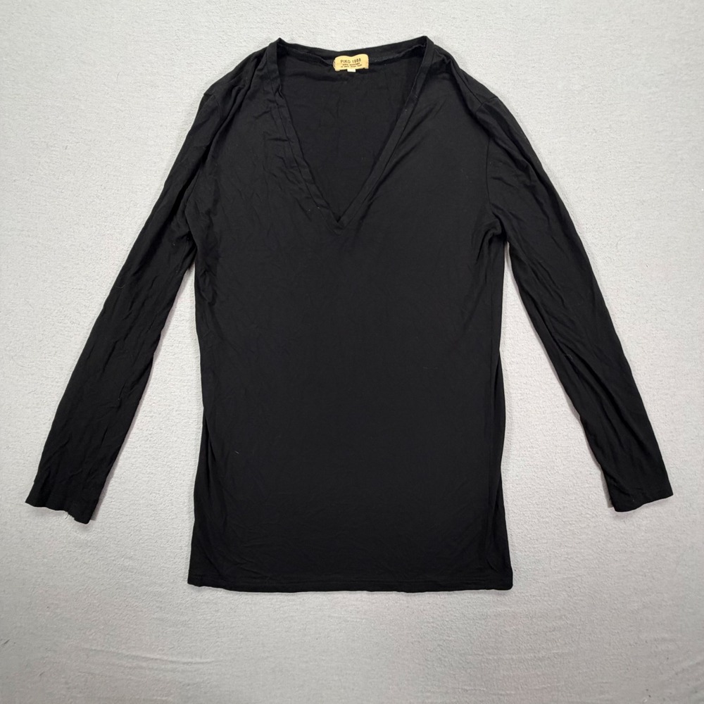 Piko 1988 Womens Top Slim Fit Black Bamboo V-Neck Long Sleeve Small